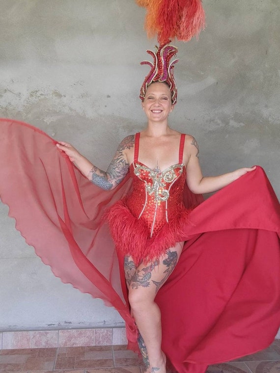 Vintage Showgirl Costume Sequin Feather Cape Las … - image 2