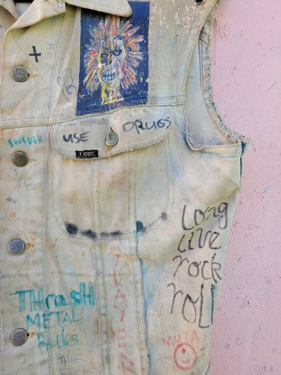 Original Vintage 1980s Metal Punk Vest Handpainte… - image 5