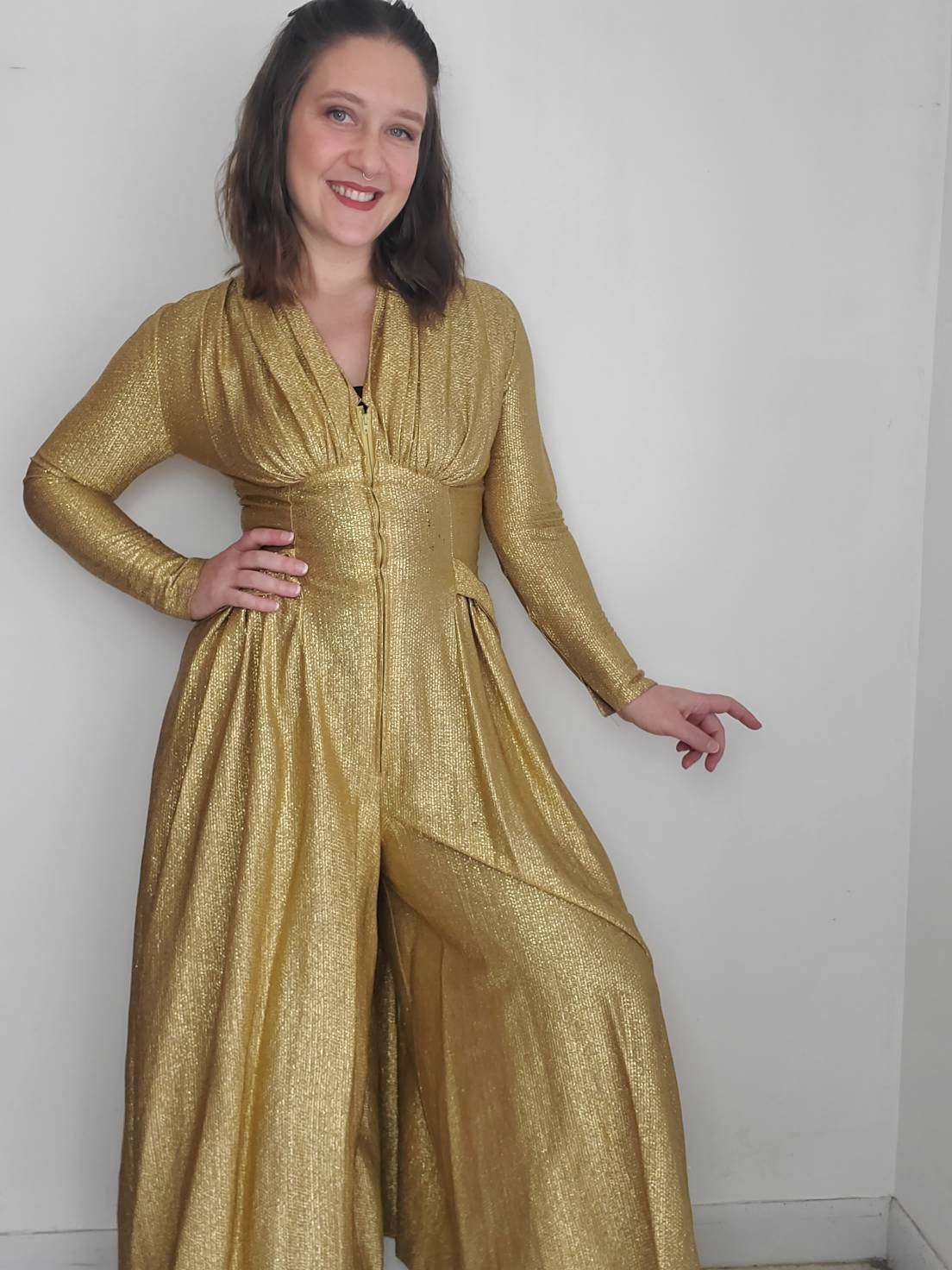 Gold lame jumpsuit 70s hotsell