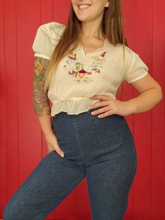 Vintage 1940s Sheer Embroidered Peplum Peasant Blo