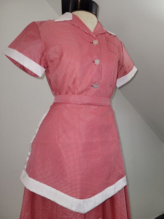 Vintage Waitress Uniform Dress Seersucker Gingham… - image 6