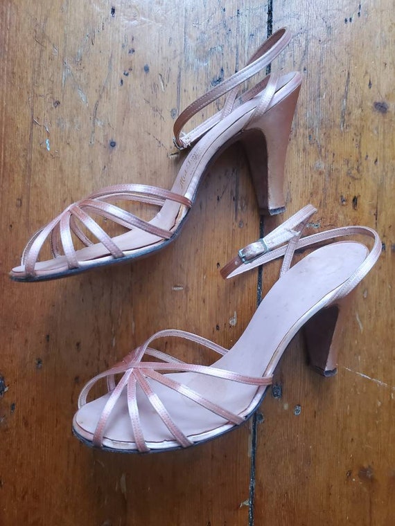Vintage 1940s Pink Satin Strappy Heels • Kitten He