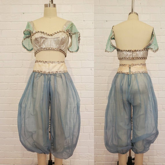 Vintage Blue Chiffon Silver Lame Belly Dance Costu