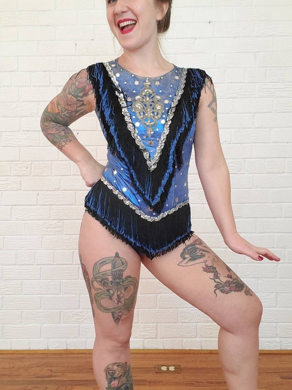 Vintage Blue Sequin Rhinestone Fringe Leotard • Mi
