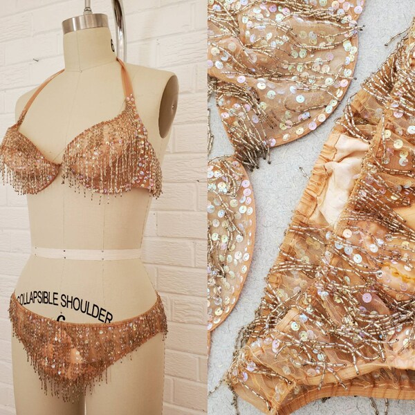 Vintage Burlesque Dancer Costume • Sequin Sheer Mesh Bikini • Beaded Fringe Burlesque Costume