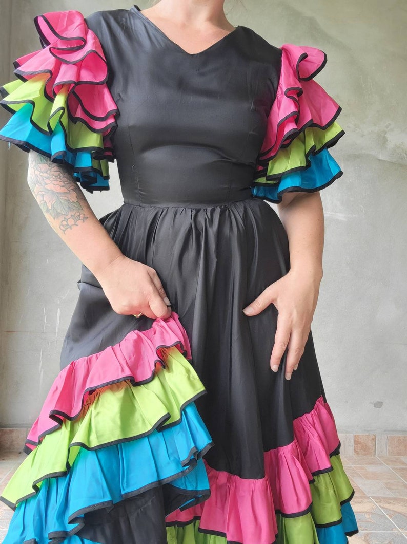 Gorgeous Vibrant Ruffle Vintage Dress Taffeta Showgirl Dancing Dress 34B 27W image 7