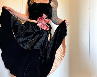 Vintage 1930s 40s Black Velvet Pink Satin Dress • Asymmetrical  Peek-a-boo Bodice • 3pc Gown Blouse and Bloomers