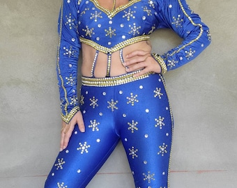 Vintage Circus Showgirl Costume Covered in Glass Rhinestones Jumpsuit Crop Top and Bellbottoms