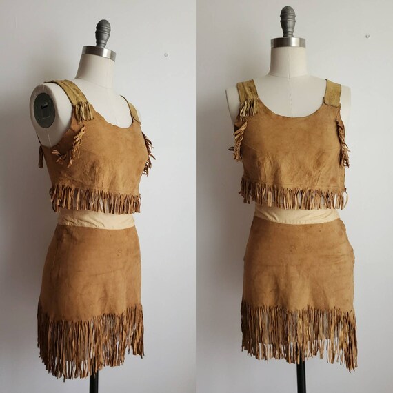 Vintage 1940s 1950s Leather Suede Fringe Two Piece