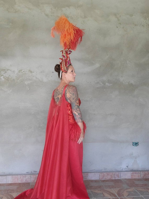 Vintage Showgirl Costume Sequin Feather Cape Las … - image 8
