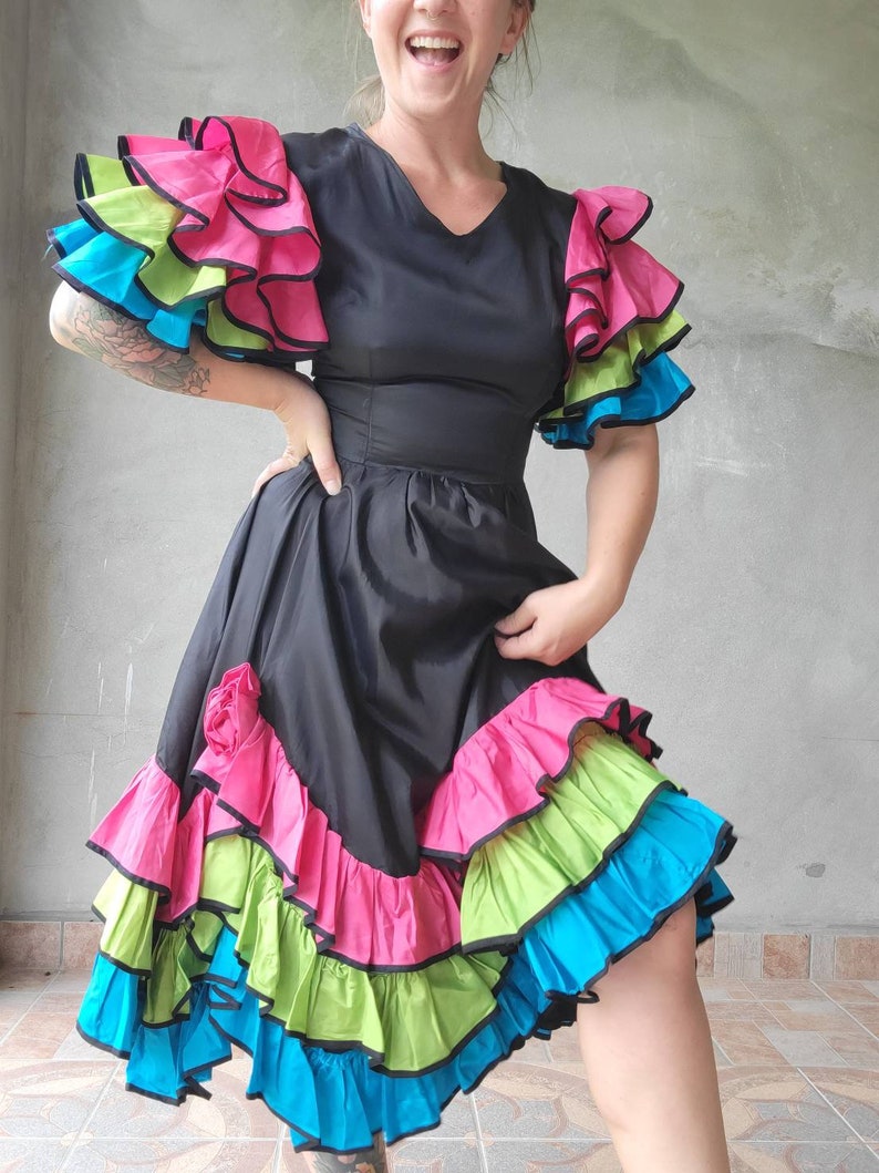 Gorgeous Vibrant Ruffle Vintage Dress Taffeta Showgirl Dancing Dress 34B 27W image 4