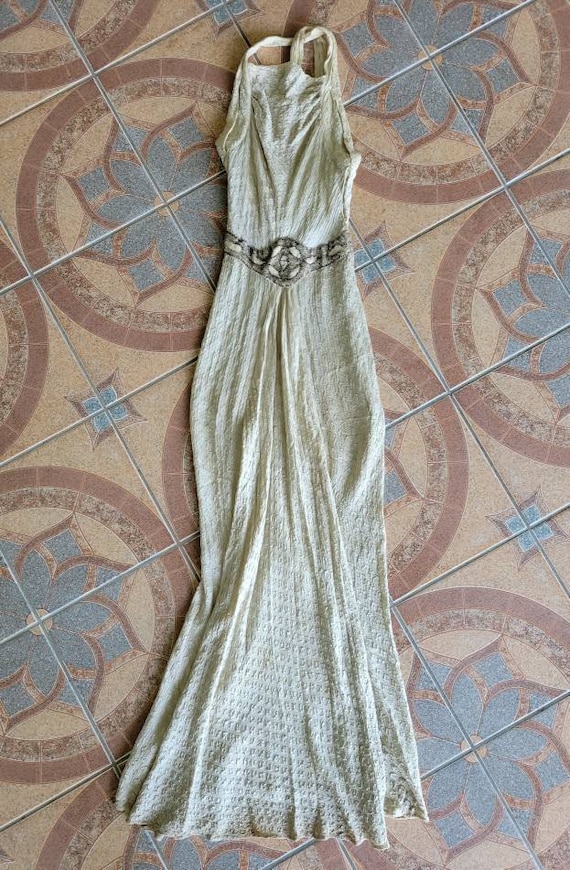 Vintage 1930s Gown Beaded Waist Open Back FOGA Label … Gem