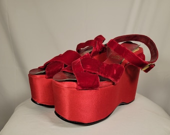 Vintage 1970s Platform Heels 70s Red Velvet Platforms 5.5 US Womens 5 1/2