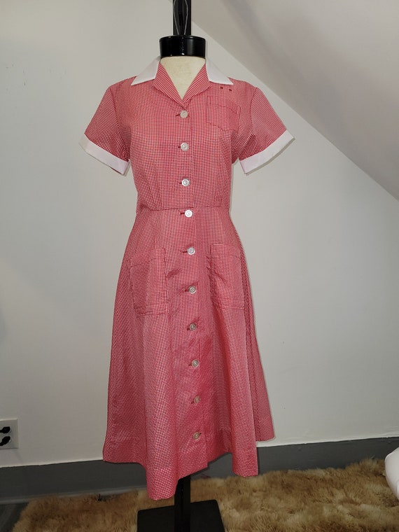 Vintage Waitress Uniform Dress Seersucker Gingham… - image 8