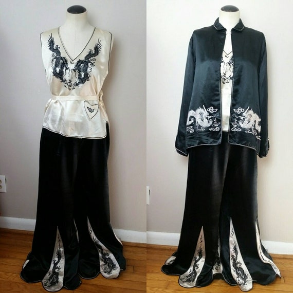 Vintage 1920s 30s Silk Dragon 3pc Pajama Set 》Hear