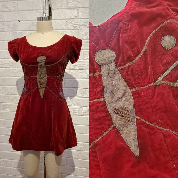 Vintage Red Velvet Butterfly Dress • Antique Costu
