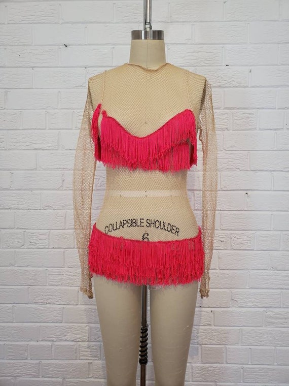 Vintage Fishnet Bodysuit with Pink Fringe • Barely