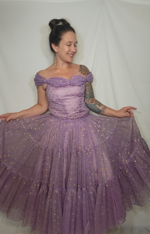 Vintage Lavender and Gold Polka Dot Party Dress Sweetheart Prom Dress S/M