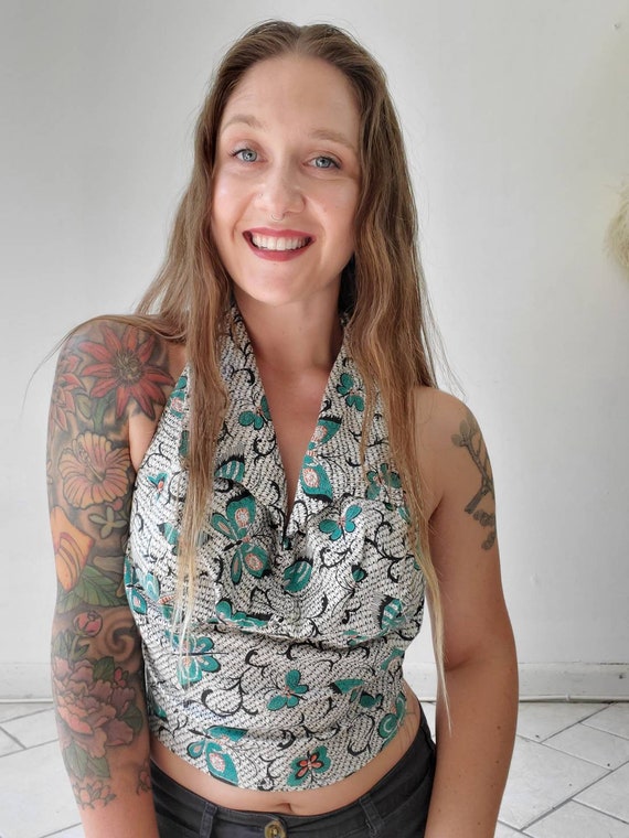 Vintage 1940s 50s Butterfly Print Halter Crop Top