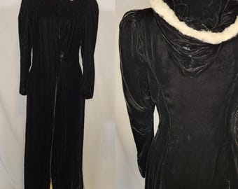 Manteau opéra en velours noir vintage des années 1930 avec bordure en fourrure, veste à capuche, manteau glamour pour les vacances