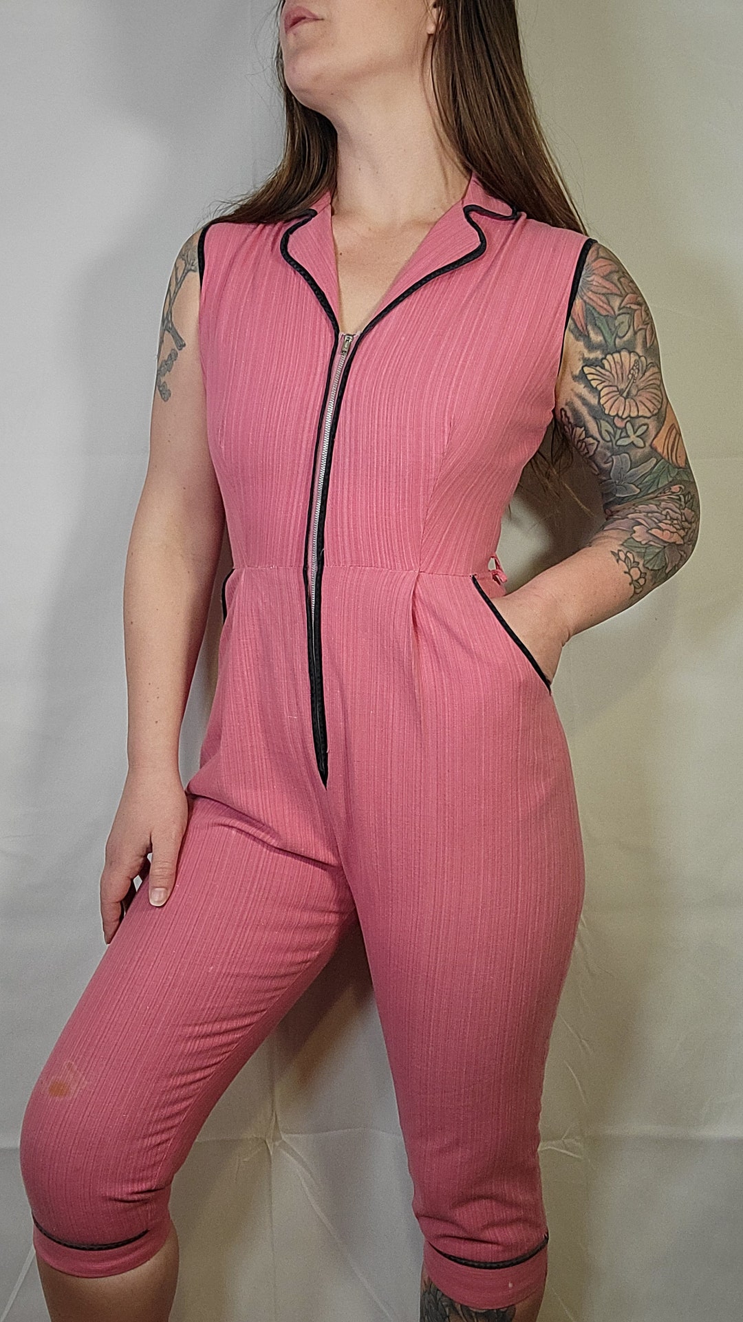 Vintage Jumpsuit Catsuit Pink Zip up Capri Romper XS/S - Etsy
