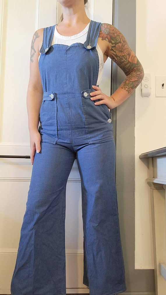 Vintage 1960s 70s Overalls Chambray Saks Fits Aven