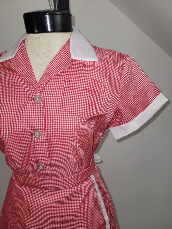 Vintage Waitress Uniform Dress Seersucker Gingham… - image 5