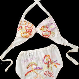 Vintage 1950s Sweetheart Lingerie Novelty Embroidered Bikini • OFF LIMITS • Rare Parachute Silk • Okinawa 1952