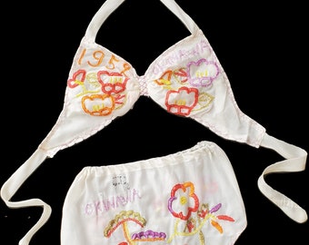 Vintage 1950s Sweetheart Lingerie Novelty Embroidered Bikini • OFF LIMITS • Rare Parachute Silk • Okinawa 1952