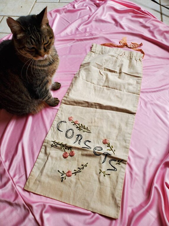 Vintage 1920s Corset Linen Bag • Antique Boudoir •