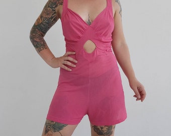 Vintage 1940s Pink Rayon Romper • Cut Out Peek-a-boo Vintage Lingerie Romper 38