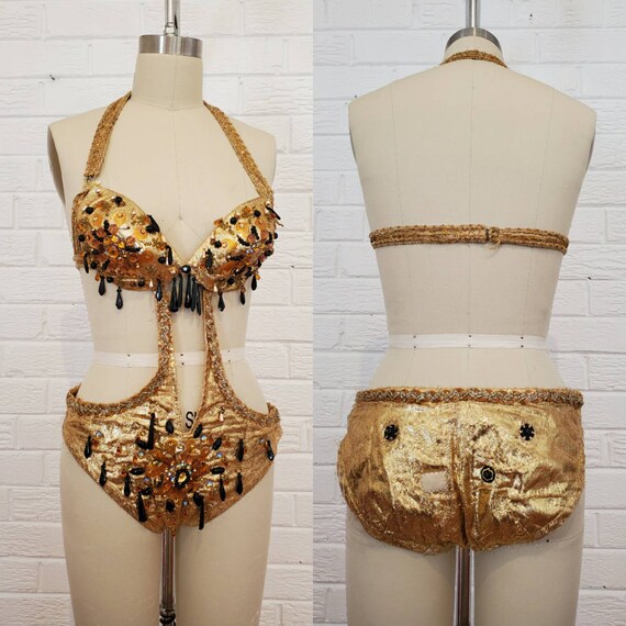 Vintage Gold Lame Beaded Cut Out Bodysuit • Disco