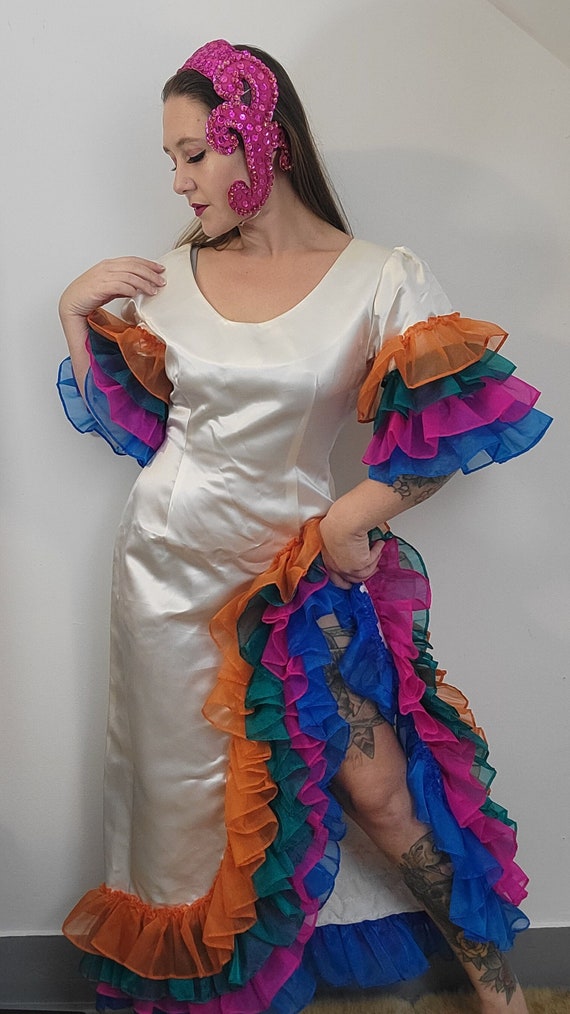 Vintage Satin Ruffle Dance Dress Burlesque Showgir