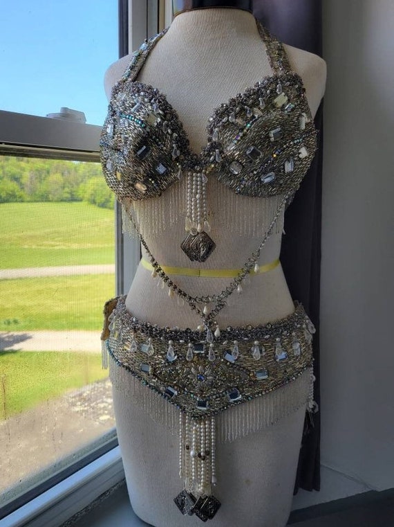 Vintage Belly Dance or Burlesque Costume Glass Bead Rhinestone Bra and Belt  Set Beaded Fringe -  Canada