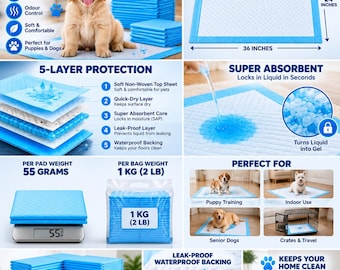 Può includere: Tappetini assorbenti per cani e cuccioli da 60 x 91 cm. Questi tappetini blu e bianchi offrono una protezione a 5 strati, un retro impermeabile e controllo degli odori. Ogni tappetino pesa 55 grammi, il pacco pesa 1 kg o 2 lb.