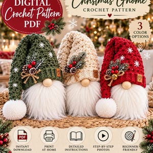 Rustic Farmhouse Crochet Gnome Pattern PDF, Christmas Gnome Decor, 3 Color Options