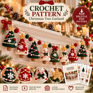 Könnte beinhalten: Eine Häkelanleitung für eine Weihnachtsbaum-Girlande mit Bäumen aus roter, grüner und weißer Wolle, verziert mit Sternen, Schneeflocken und kleinen Bommeln. Das digitale PDF enthält detaillierte Anleitungen, Fotos und Diagramme.