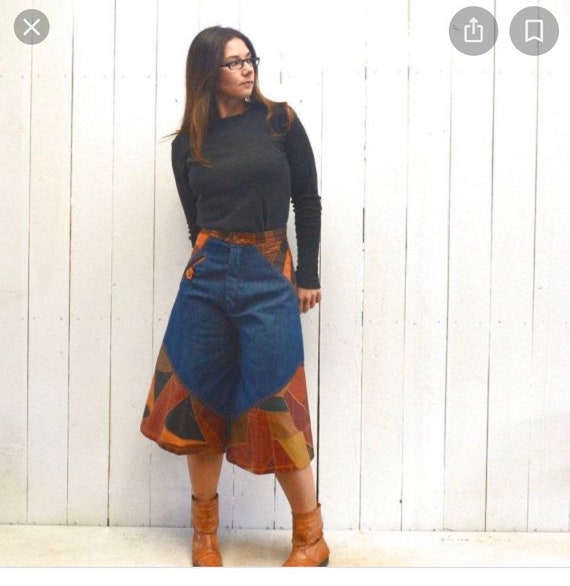 GROOVY Vintage Denim Leather Patchwork GAUCHOS Wom