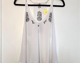 Wildflowers Tank - Size Small Femme - Upcycled Free People Slinky Tank Top - White Tank Top with Black Block Print - READY TO SHIP