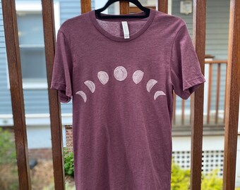 Eggplant Purple Moon Phases Tee - Size Small - Bella and Canvas Basic Tee - Block Print - READY TO SHIP