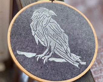 Sister Crow Print - Block Printed Wall Art - 6.5 inch diameter - Handmade - Wall Art - Embroidery Hoop Art
