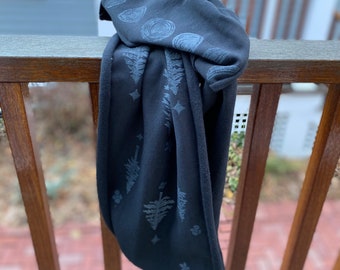 Moon Phases and Pine Tree Circle Scarf - One Size - Organic Cotton Fleece Scarf - Black Scarf with Gray Block Print - READY TO SHIP