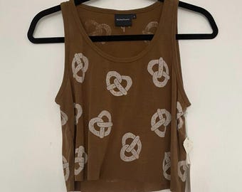 Pretzel Print - Raw Cropped - Coffee Tank with White Print - Multiple Femme Sizes