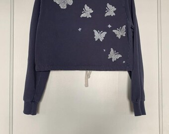 Faerie Garden Cropped Sweatshirt - Size XS Femme - Upcycled American Apparel Sweatshirt - Navy with White Block Print - READY to SHIP