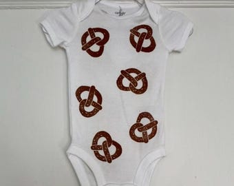 Pretzel Onesie - White Cotton Onesie with Brown Pretzel Print - 6 month onesie - READY TO SHIP