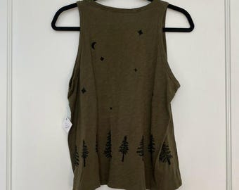 Midnight Treeline Tank - Size L Femme - Upcycled LOFT Tank - Olive Green with Black Block Print - READY to SHIP