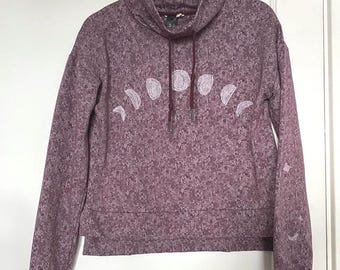 Purple Onion Moons Mockneck Sweatshirt - Size S Femme - Upcycled Sweatshirt - Purple Sweatshirt with White Block Print - READY to SHIP