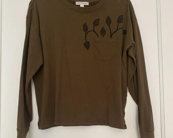 Pothos Pocket Long Sleeve Tee - Size M Femme - Upcycled Long Sleeve Tee -  Dark Olive Green Top with Black Block Print - READY to SHIP