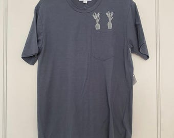 Carrot Top Pocket Tee - Size Small Masc - Upcycled Pocket Tee - Pale Blue Tee with White Block Print - READY TO SHIP