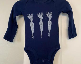 Baby Carrot Onesie - 3 month size - Long Sleeve Cotton Onesie - Midnight Blue Onesie with White Block Print - READY TO SHIP